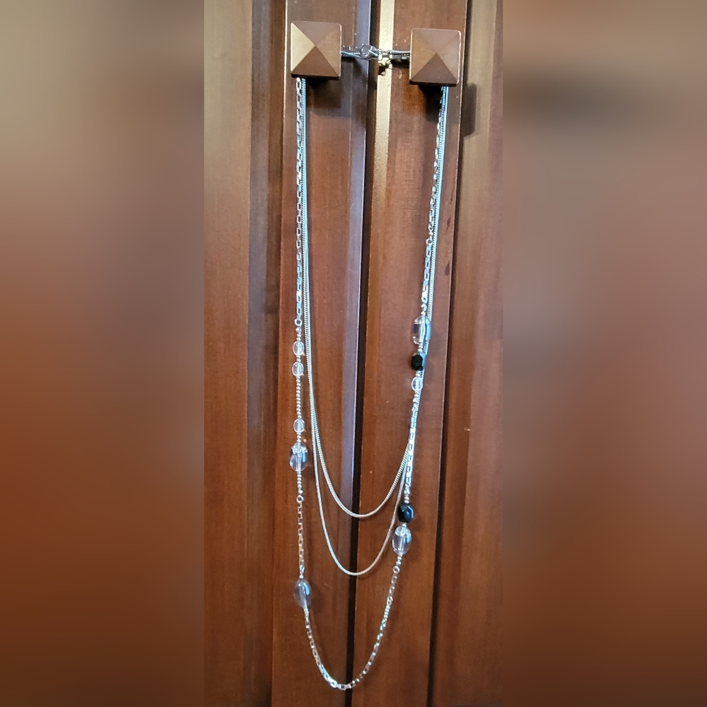 Silver Long Necklace Chain three layers with beads